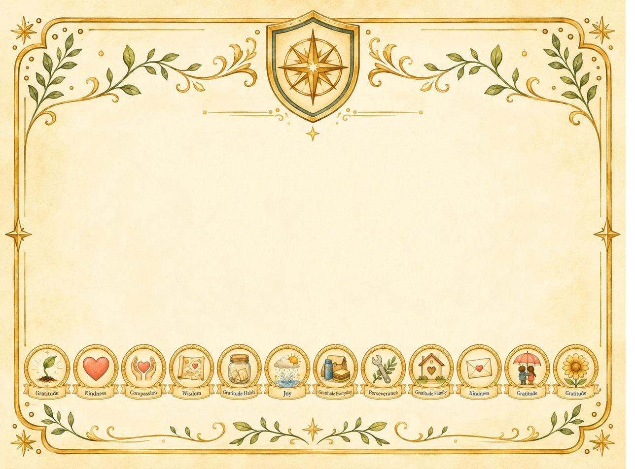 VirtueWise Adventures Certificate of Completion decorated with all twelve Gratitude Garden badges