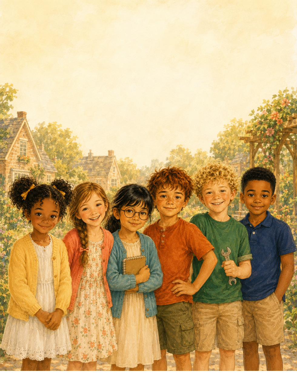 The six VirtueWise Adventures kids standing together on a sunny Maple Grove street